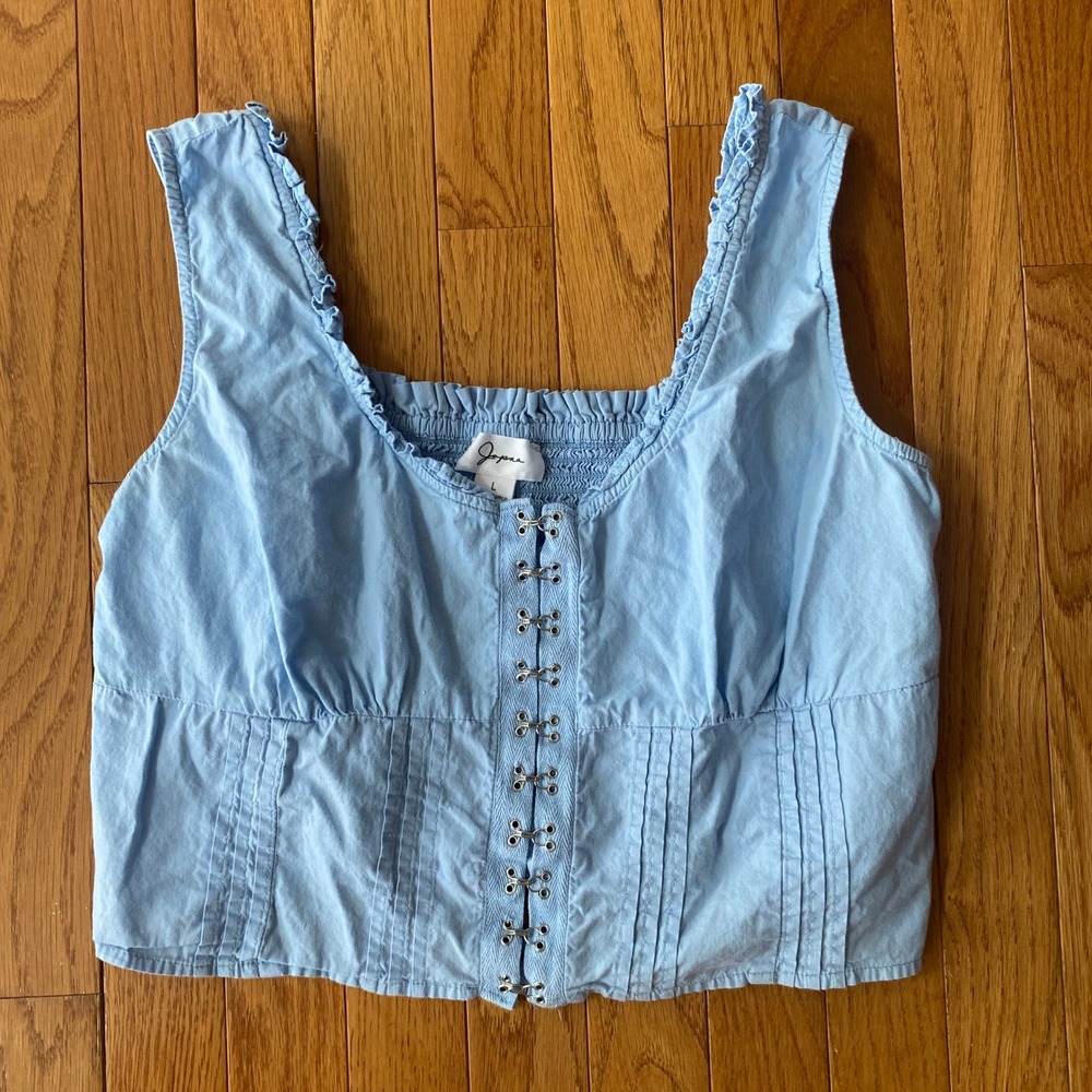 Japna Blue Cotton Corset Babydoll Cropped Tank Top Ruffle Cottagecore L - Picture 5 of 8